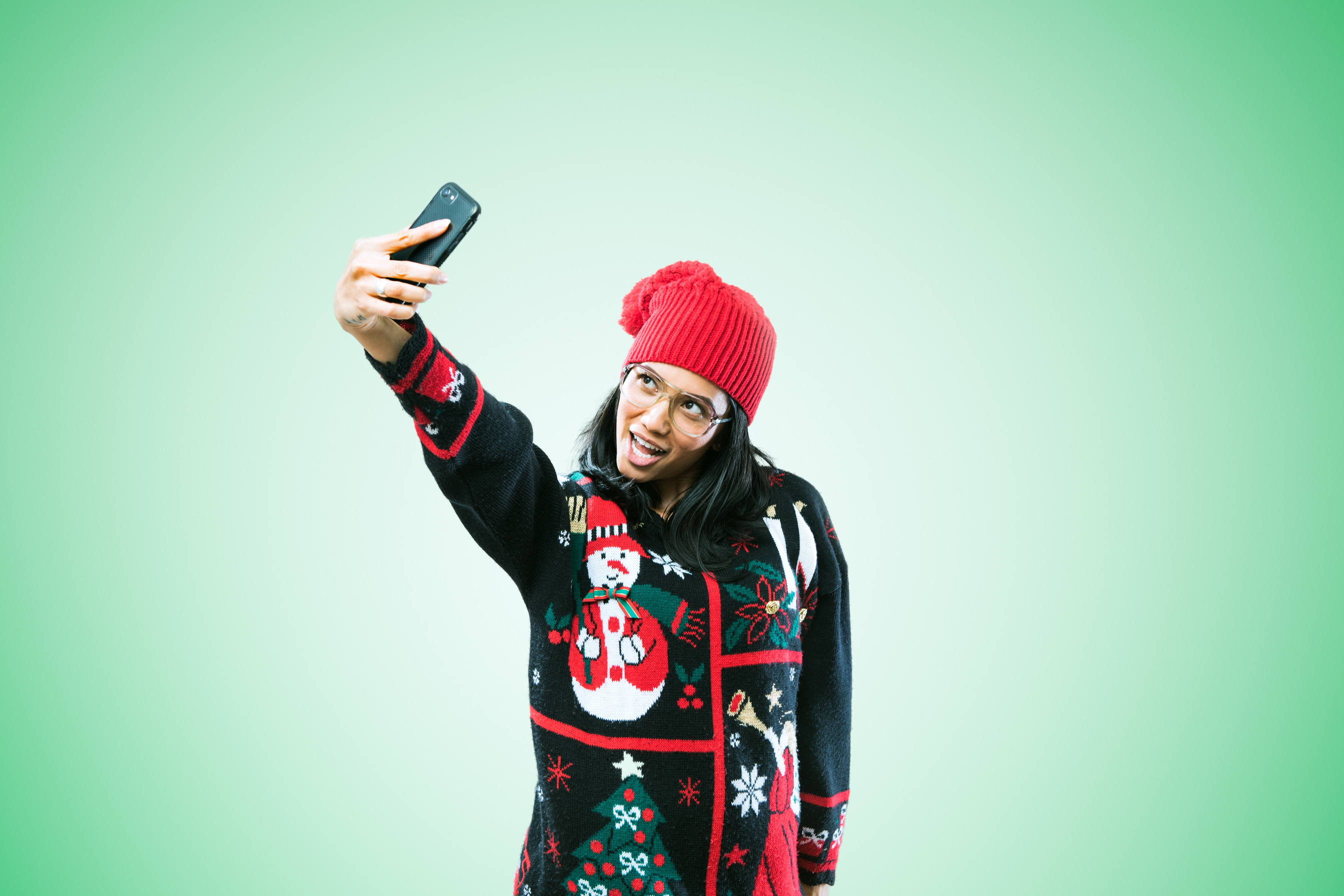 Christmas Sweater Woman Taking Selfie